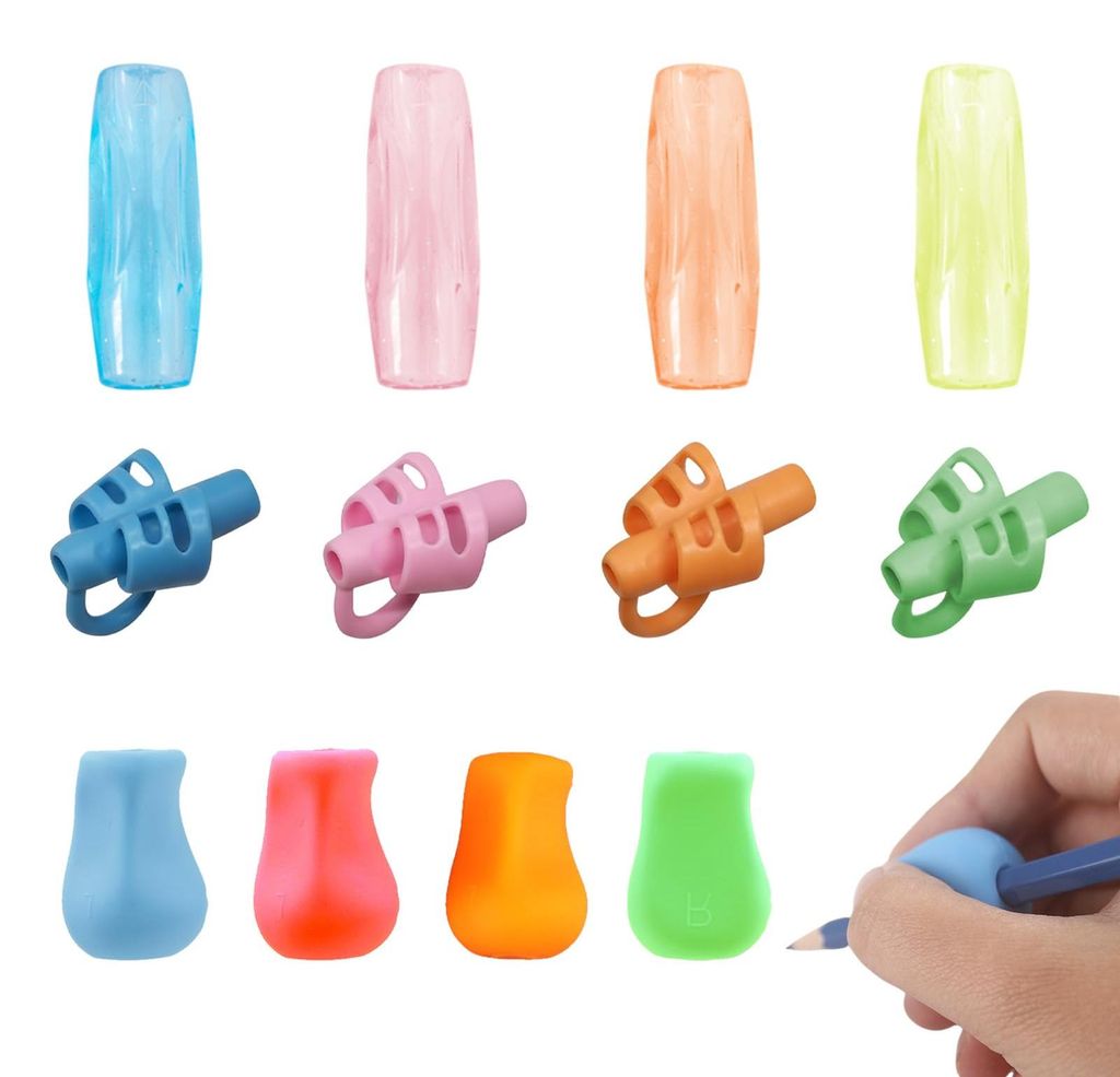 Schreibhilfe für Kinder: Stifthalter, 12-teiliges Set, Silikongriff für Stifte, 24,5 × 20 × 35 mm, ergonomisch, farbenfroh, für Schulanfänger...