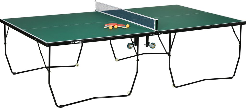 Indoor Tischtennisplatte mit Rollen, Tischtennistisch Klappbar, Tischtennisspiel-Set mit 2 Tischtennisschlägern, 3 Bällen, Stahl, Grün