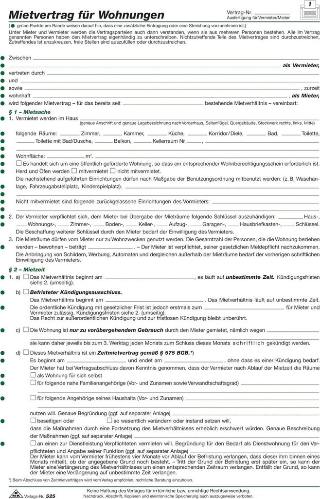 RNK Mietvertrag 525 Wohnung DIN A4 6Blatt Produktbild 