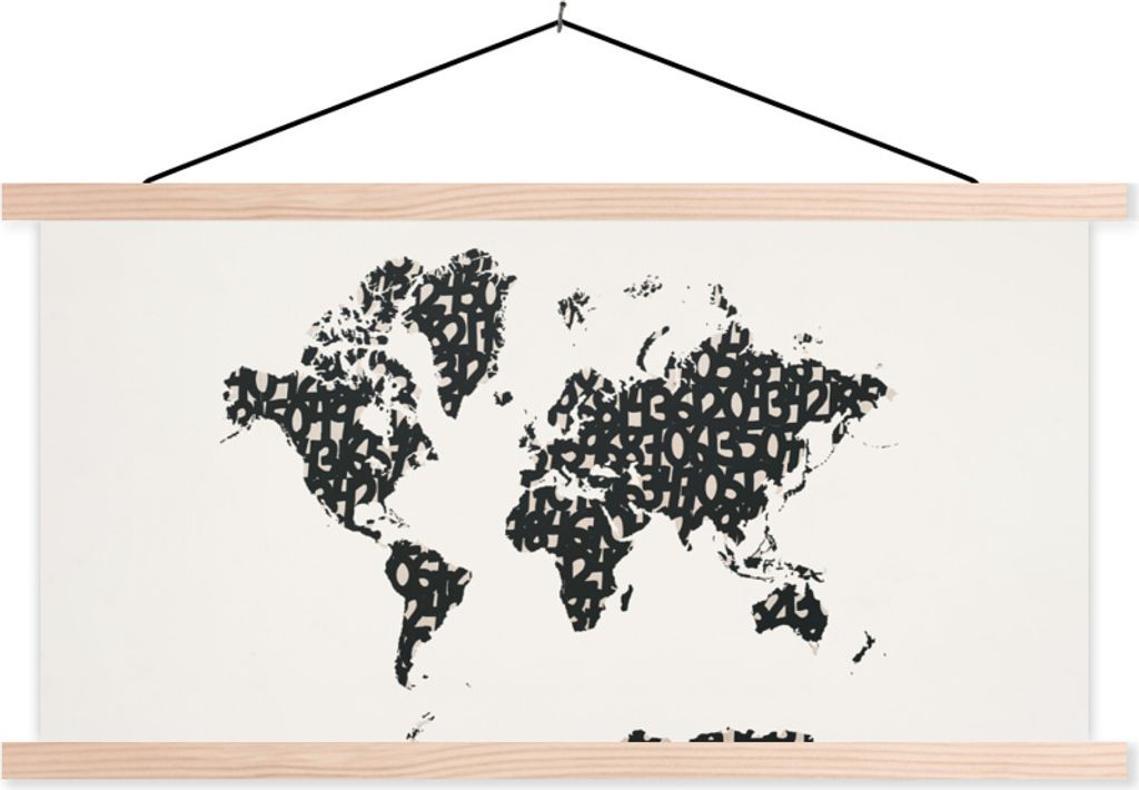 MuchoWow Textilposter Weltkarte - Zahlen - Schwarz 120x60 cm mit holzfarbenen Rahmen - Klemmleiste