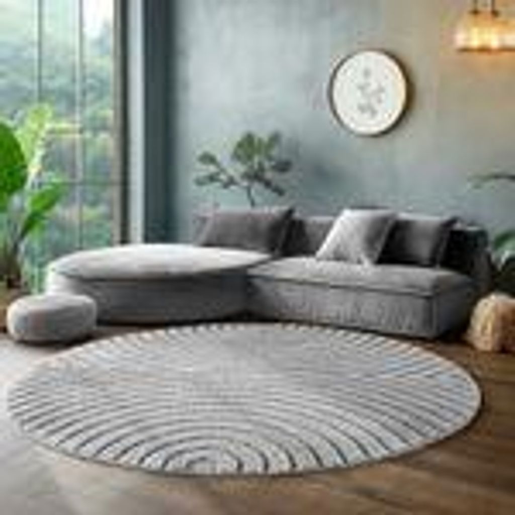 Skandinavischer Boho Wohnzimmerteppich mit Hoch-Tief-Effekt weich pflegeleicht strapazierfähig kombinierbar , Größe : 80 cm Rund , Farbe : Silber-1