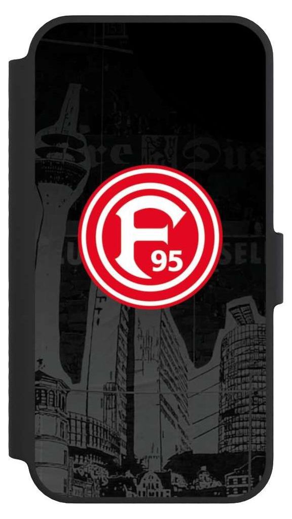 NIVOCASE Klapphülle für Apple iPhone 14 Handyhülle aus Kunst Leder NIVOflip schwarz Fortuna Düsseldorf Logo Offizielles Lizenzprodukt