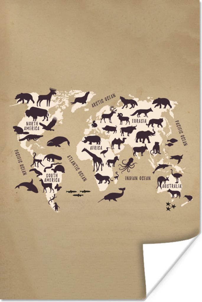 MuchoWow Poster Weltkarte - Retro - Tiere 60x90 cm - Wanddekoration