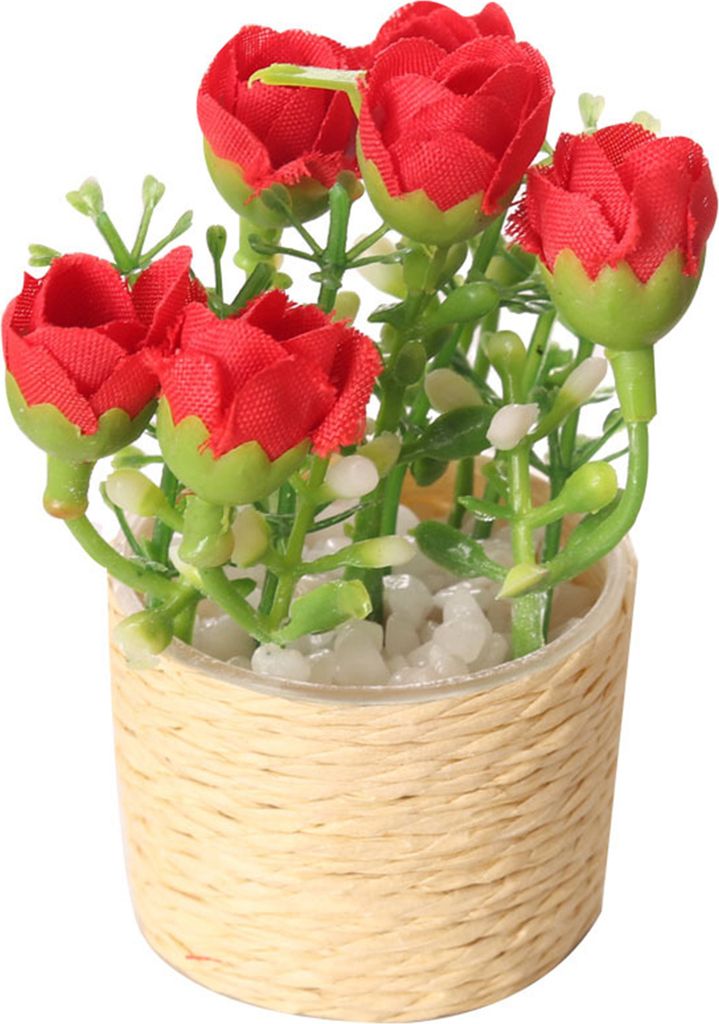 1: 6 Dollhouse Blume Lebendes Aussehen Anti-Fading PVC Miniatur Simuliertes Rosenpopfe Pflanze Orament Photography Requisite-Rot