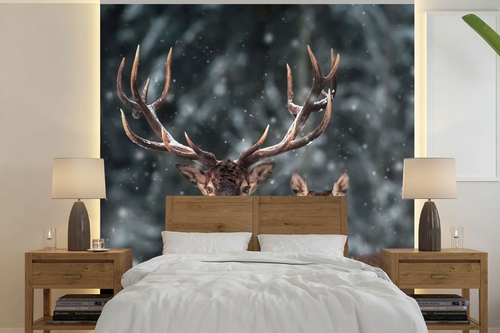 MuchoWow Fototapete für Wohnzimmer oder Schlafzimmer Wandtapete Vinyl Motivtapete Hirsche - Tiere - Winter - Geweih - Schnee - Natur - 350x350 c...