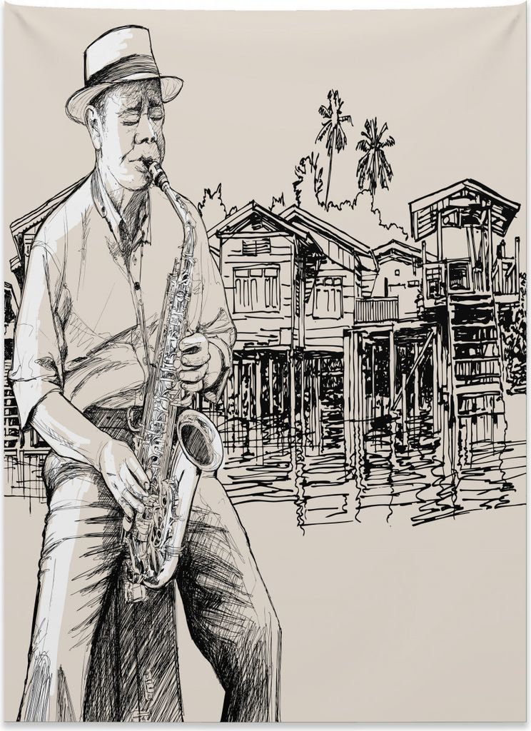 Abakuhaus Jazz Wandteppich, Fluss Bank Palmen aus Weiches Mikrofaser Stoff Kein Verblassen Klare Farben Waschbar, 110 x 150 cm, Beige Schwarz