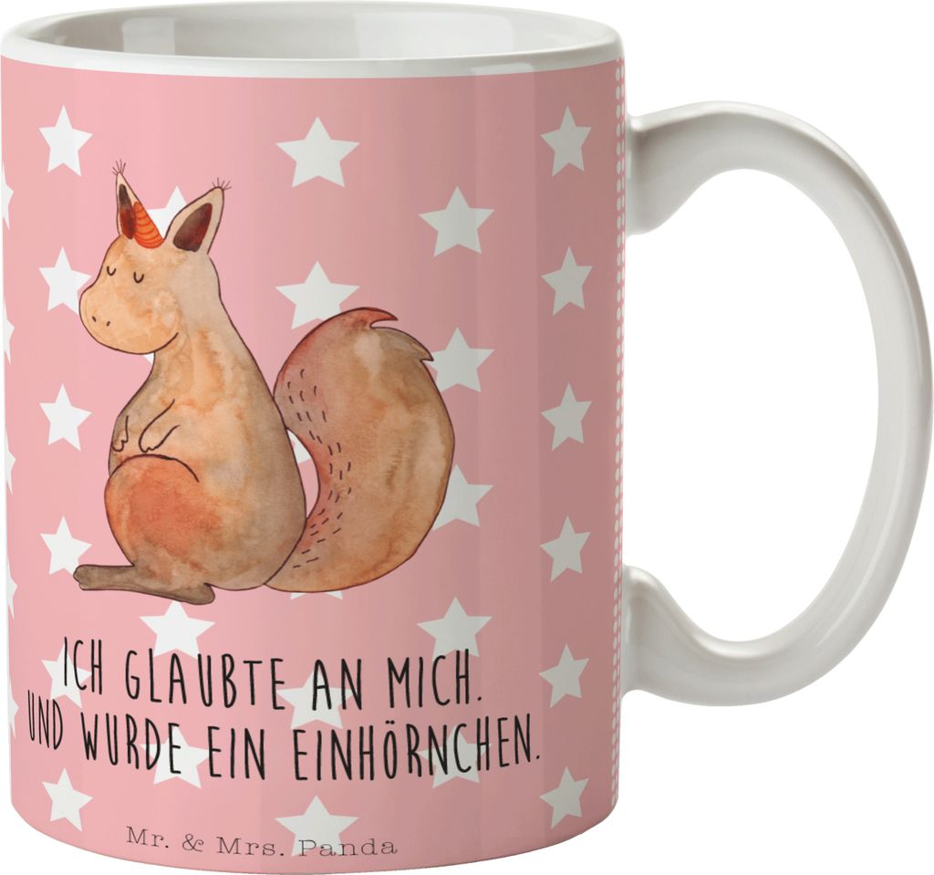 Mr. & Mrs. Panda Tasse Einhorn Glauben - Rot Pastell - Geschenk, mit Spruch, Becher, Eichhorn, Unicorn, Einhörnchen, Kaffeetasse, Einhörner, kaka...
