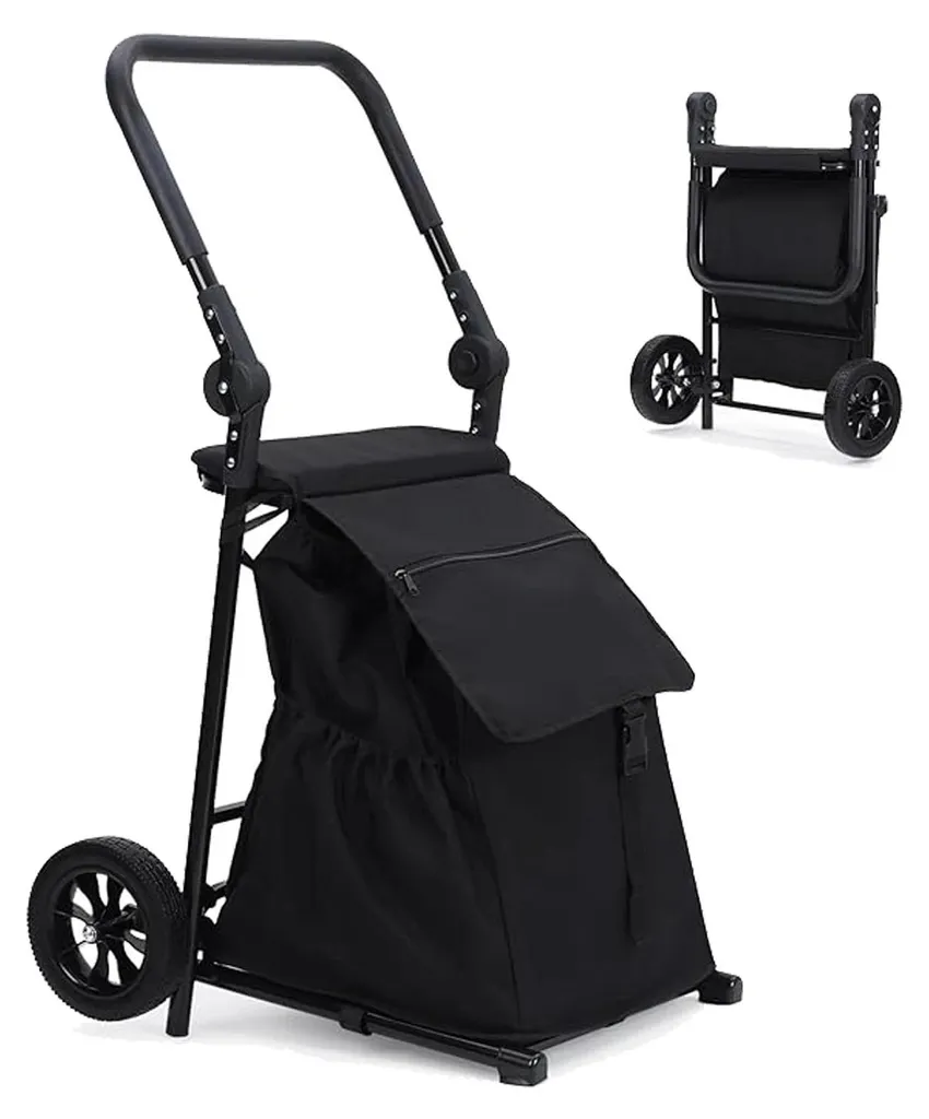Chariot de courses pliable 2-en-1 avec siège intégré et sac de 123L