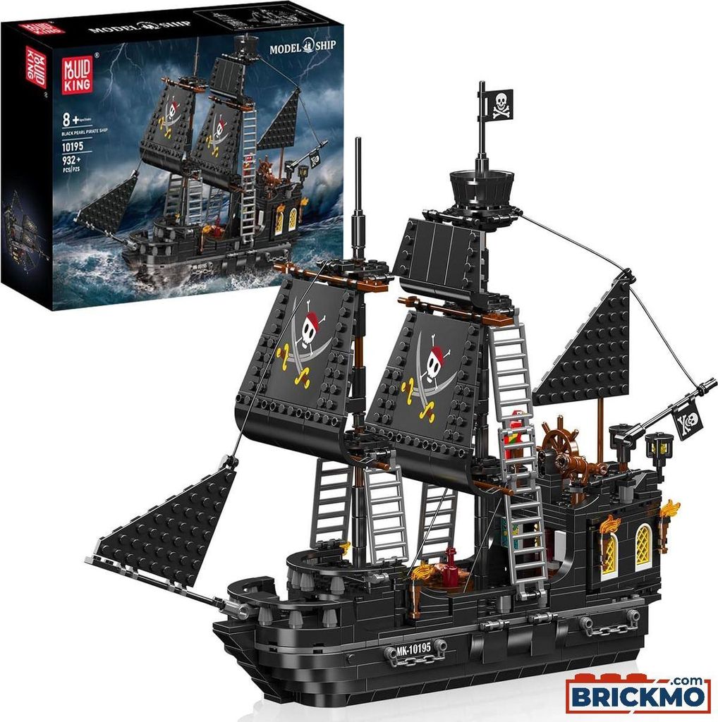 A black pirate ship model with sails and flags, displayed next to its packaging box.