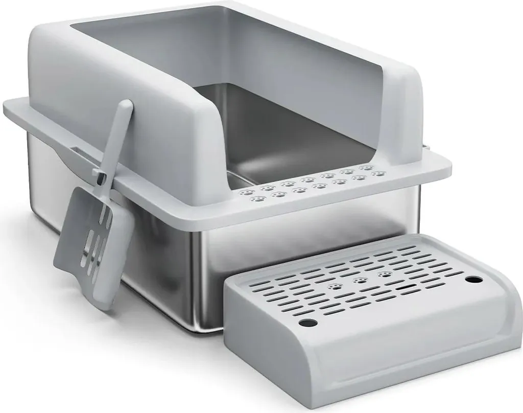 Grand bac à litière pour chat 36L, inox gris idéal pour grand chat