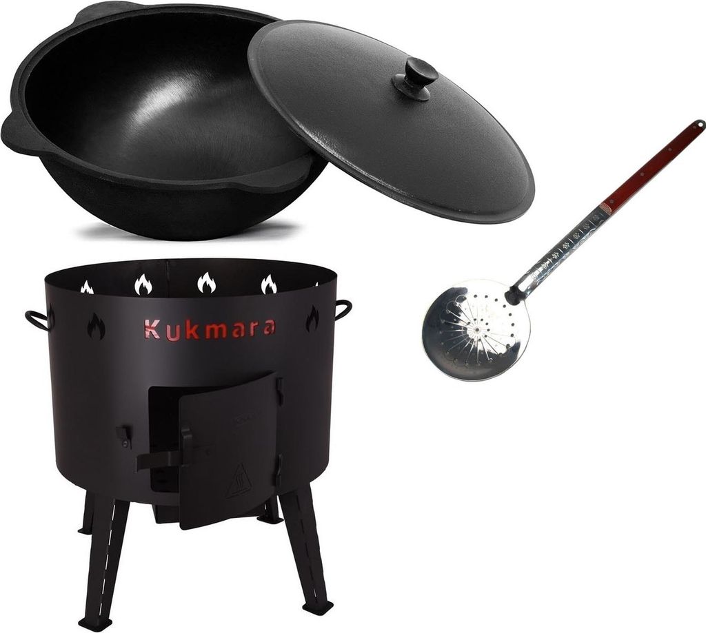 A set of cooking equipment including a cauldron, a fire pit, and a skimmer.