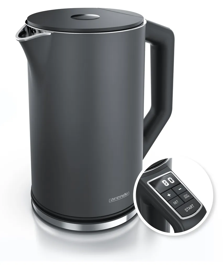 Bollitore Arendo, 1,5 l, 2200 W, acciaio inox, doppia parete, impostazione temperatura 40° - 100 °C con display, grigio