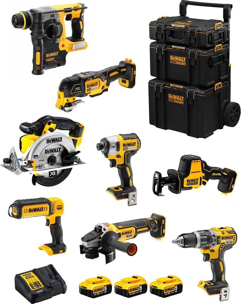 DeWALT Kit DWK802 (DCD796 + DCH273 + DCG405 + DCF887 + DCS355 + DCS369 + DCS391 + DCL050 + 3 x 5,0 Ah + DCB115 + 3en1 Caddy)