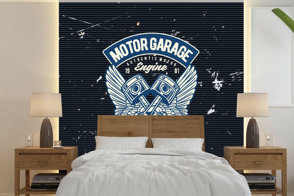 MuchoWow Fototapete für Wohnzimmer oder Schlafzimmer Wandtapete Vinyl Motivtapete Mancave - Motorrad - Auto - Oldtimer - 300x300 cm - Wanddekora...