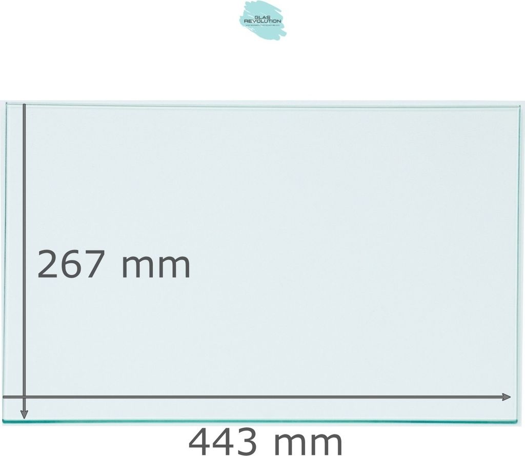 Kühlschrank Einlegeboden - Klarglas 4 mm - eckige Ecken - 443 mm x 267 mm - (89,96 EUR / qm - Mindestbfl. 0,25 qm - Kantenb. 5,35 EUR / lfm)