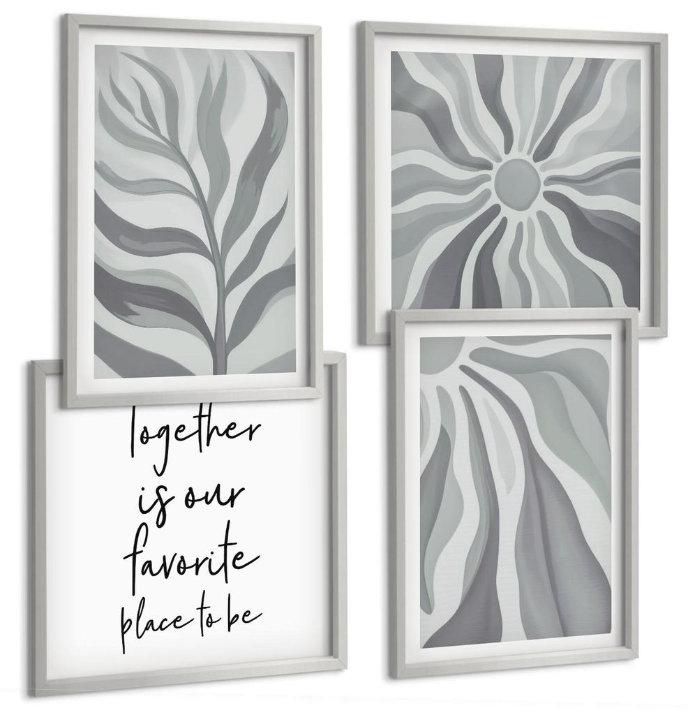 Bilder Set 4-teilig im silbergerahmten Rahmen – Wandbilder 4 Stück – gerahmte Poster für Wohnzimmer, Schlafzimmer und Flur – 50x50 cm - 40x...