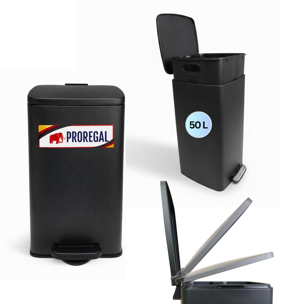 Mülleimer Küche Bad | 50 Liter | mit Softclose & Stay-Open Deckel, Fußpedal & Inneneimer | Stahl | HxBxT 67,5x41,5x49cm | Matt Schwarz | Abfalle...