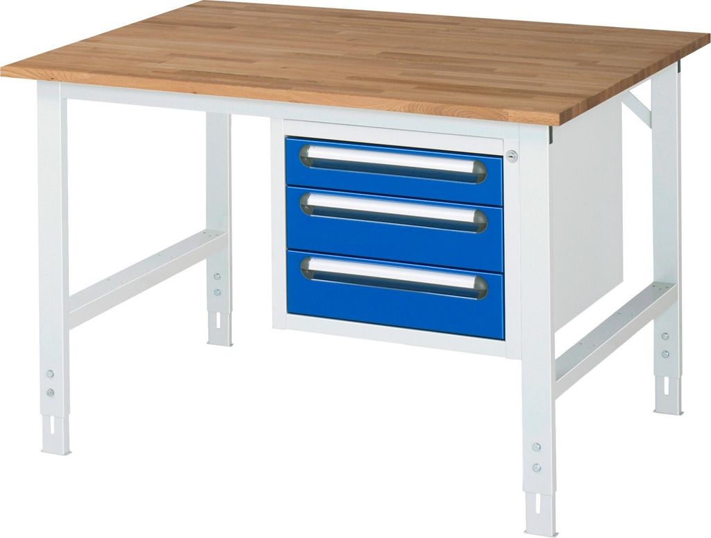 RAU Arbeitstisch 1250x1000x910-1230 3xSchub B-Platte 25mm l.gr/e.bl
