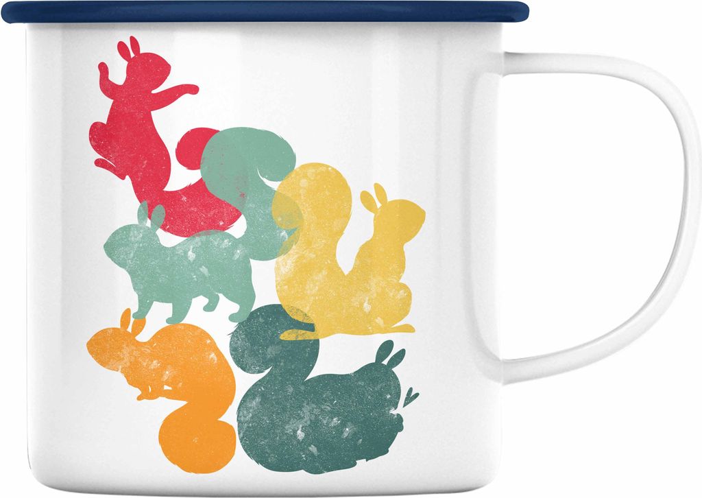 Trendation - Eichhörnchen Emaille Tasse Geschenk Grafik für Eichhörnchen Liebhaber Geschenkidee Lustige Emaille Tasse Retro (Blau)