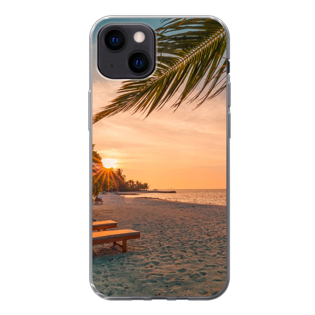 MuchoWow Handyhülle Schutzhülle Hülle für iPhone 13 mini Strand - Strandkorb - Sonnenuntergang Silikon Softcase Handy Hülle - Softcase