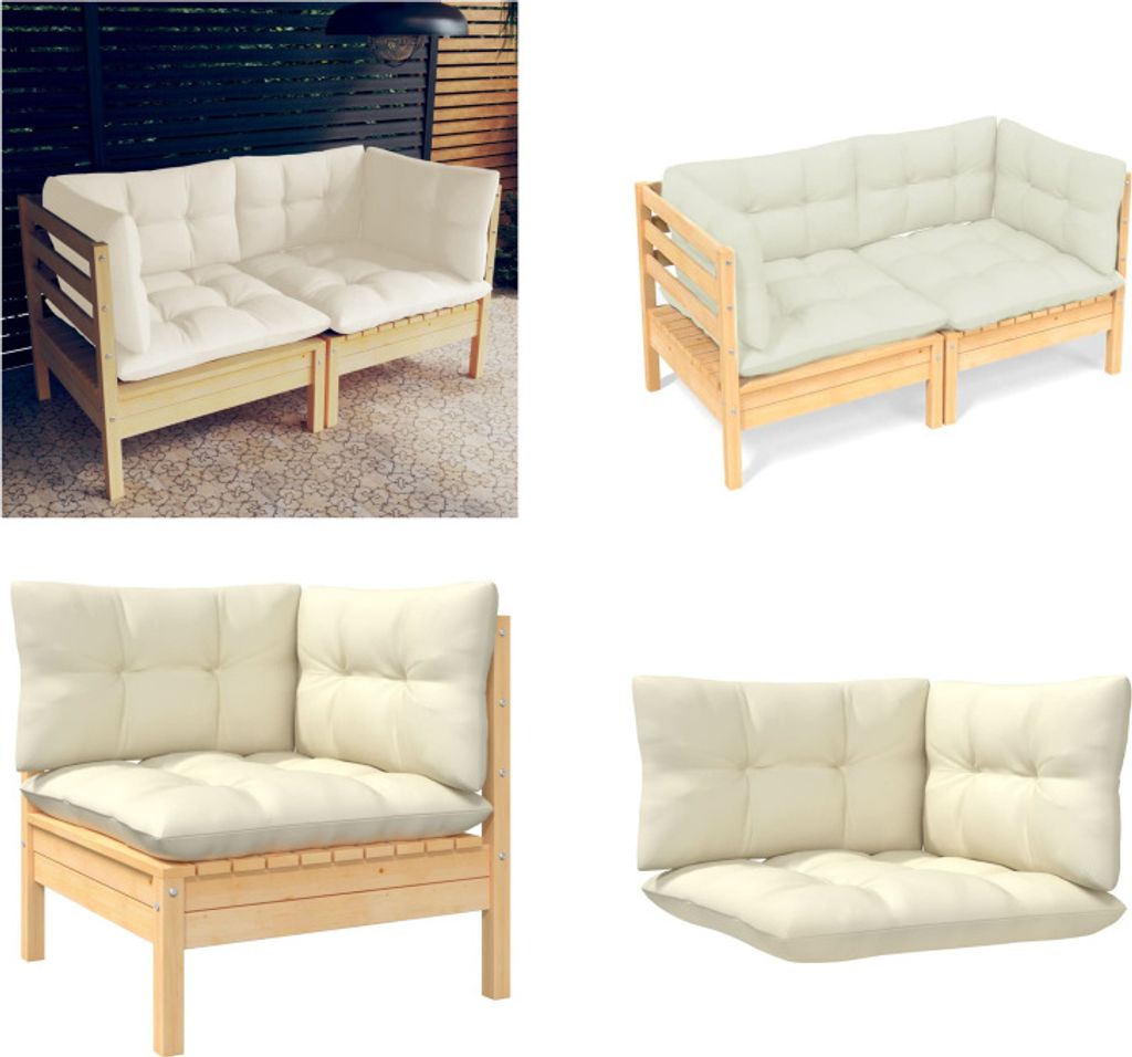 vidaXL 2 Sitzer Gartensofa mit Creme Kissen Massivholz Kiefer - 2-Sitzer-Gartensofa - 2-Sitzer-Gartensofas - Gartensofa - Gartensofas