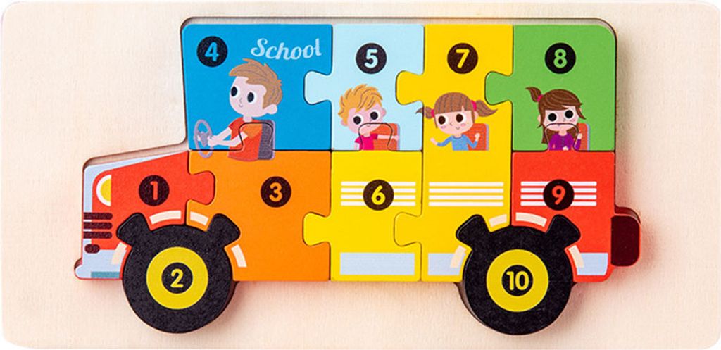 3D Verkehr Tier Dinosaurier Puzzle Blöcke mit numerischen Eingabeaufforderungen, geeignet für Kinder im Alter von 18 Monate und höher,Schulbus