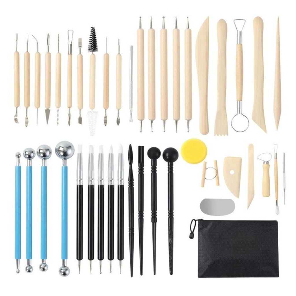A collection of pottery and clay sculpting tools laid out on a white background.