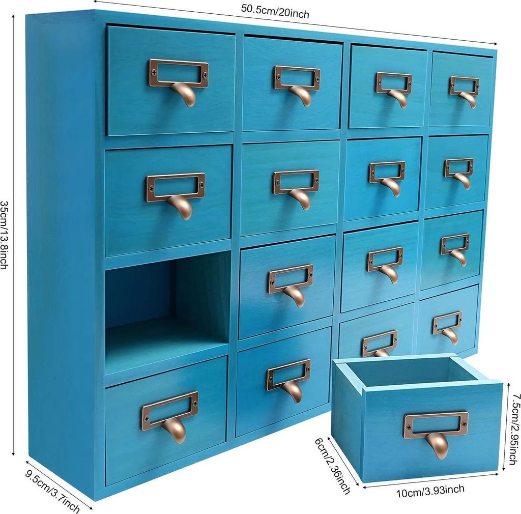 Vintage Holzschrank - 16 Schubladen Tisch-Organizer - Aufbewahrung für Kleinteile, Büro, Bastelmaterial - Holz und Metall - Blau