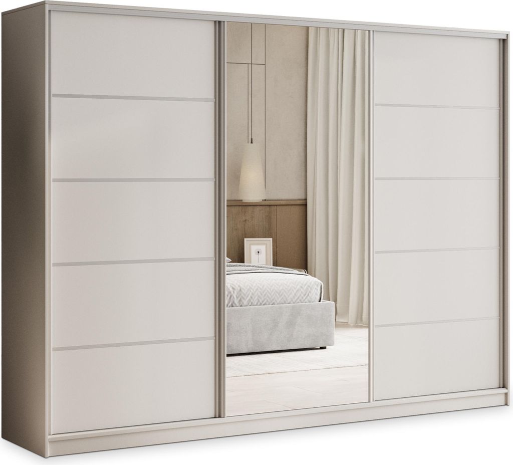 Masseno Schiebetürenschrank PINA 235/205/58 cm Kleiderschrank mit 4 Schubladen Schlafzimmer Schrank 3-türig mit Spiegel Kaschmir