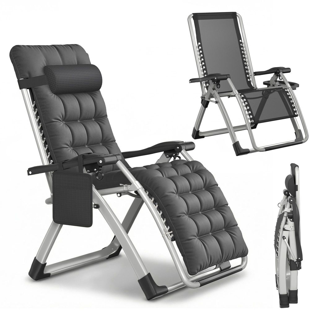 JOIEYOU Gesundheitsliege Relaxliege klappbar Schwarz, Saunaliege verstellbar 90–170°, Polster, Getränkehalter, wetterfest, Garten Camping