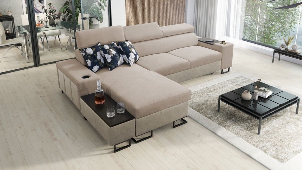 Kaiser Möbel s, Ecksofa MELODY I MAXI mit Usb und Regal Tauro/Freya Beige/Dunkelbeige Links
