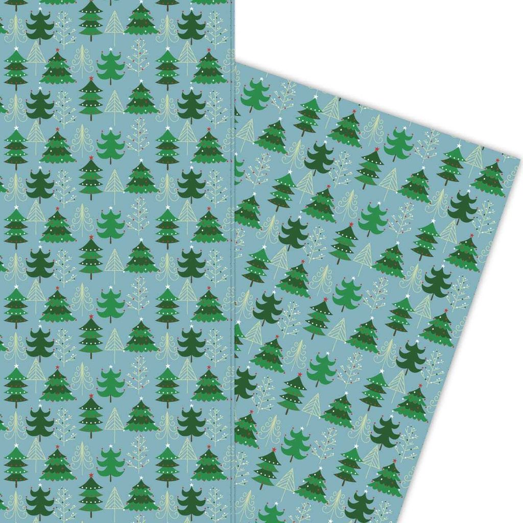 Lustiges Weihnachtsbaum Geschenkpapier mit Weihnachtskugeln auf hellblau - G5939, 32 x 48cm