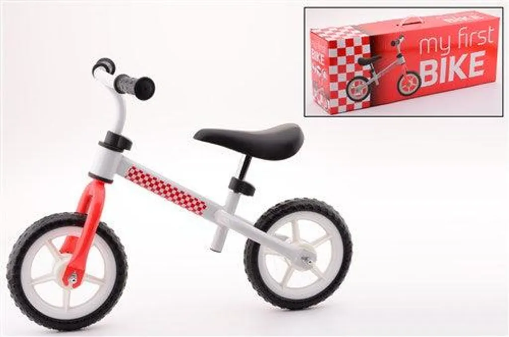 Draisienne en acier blanc et rouge avec selle réglable et pneus souples