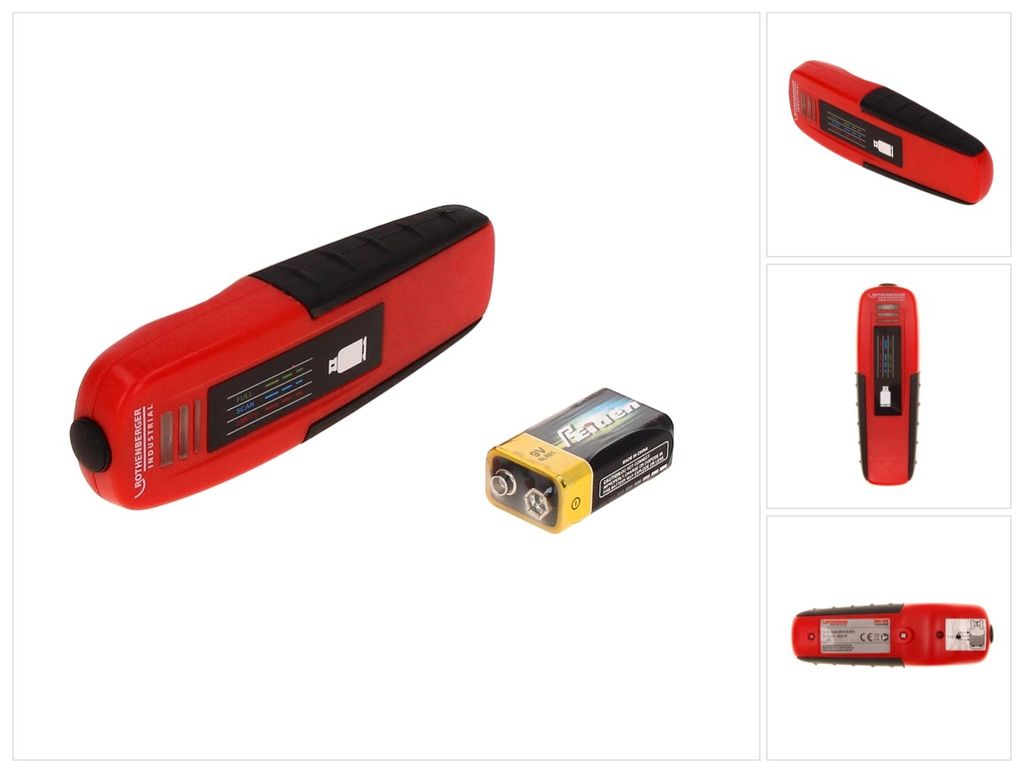 A red industrial gas level meter and a 9-volt battery are shown against a white background.