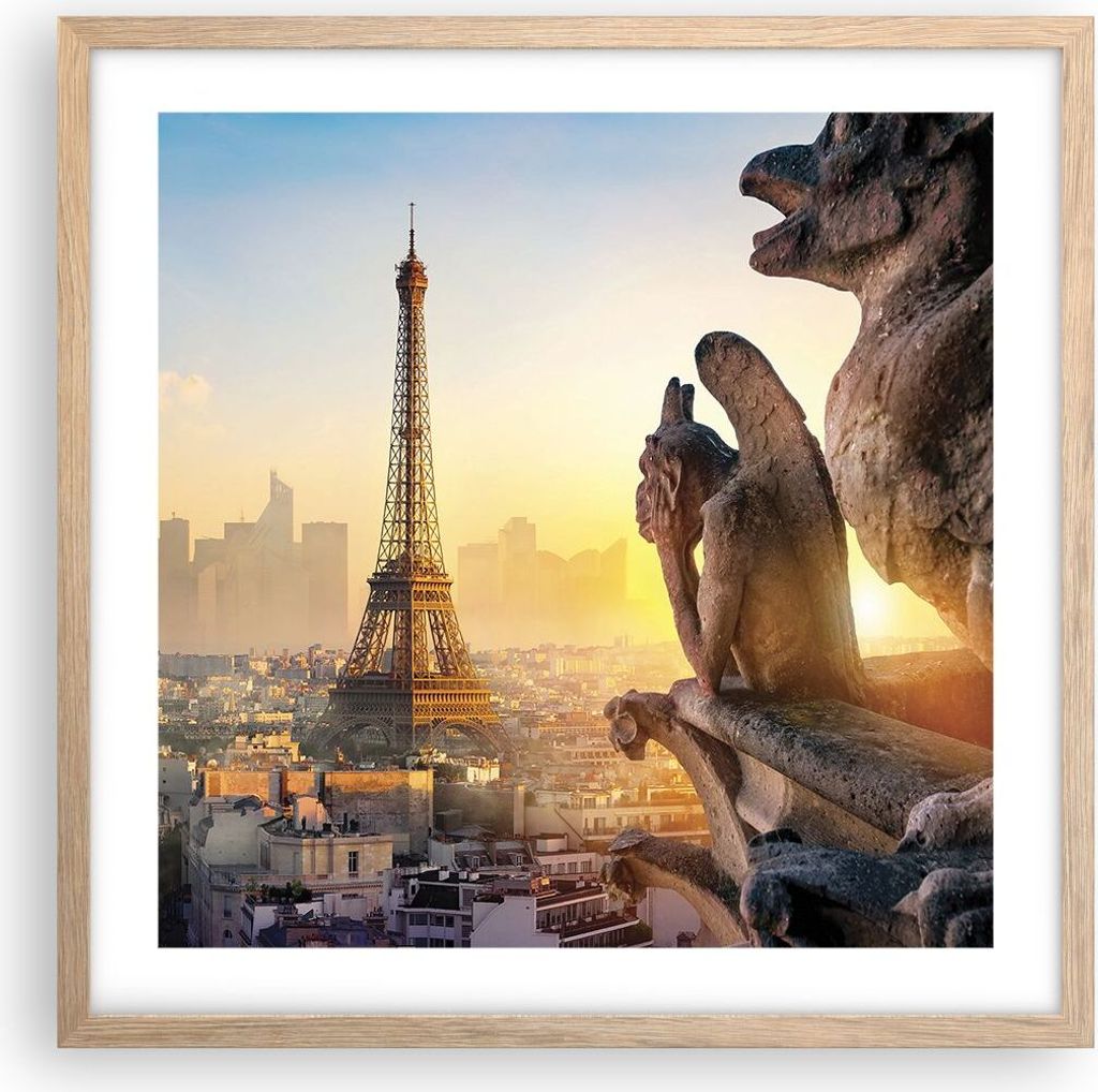 Gerahmtes Poster - Rahmen in heller Eiche - Wasserspeier Turm Eiffel - 50x50 cm - Wand Bild - Wanddeko - Wandbilder - Kunstposter - Wandposter - Bi...