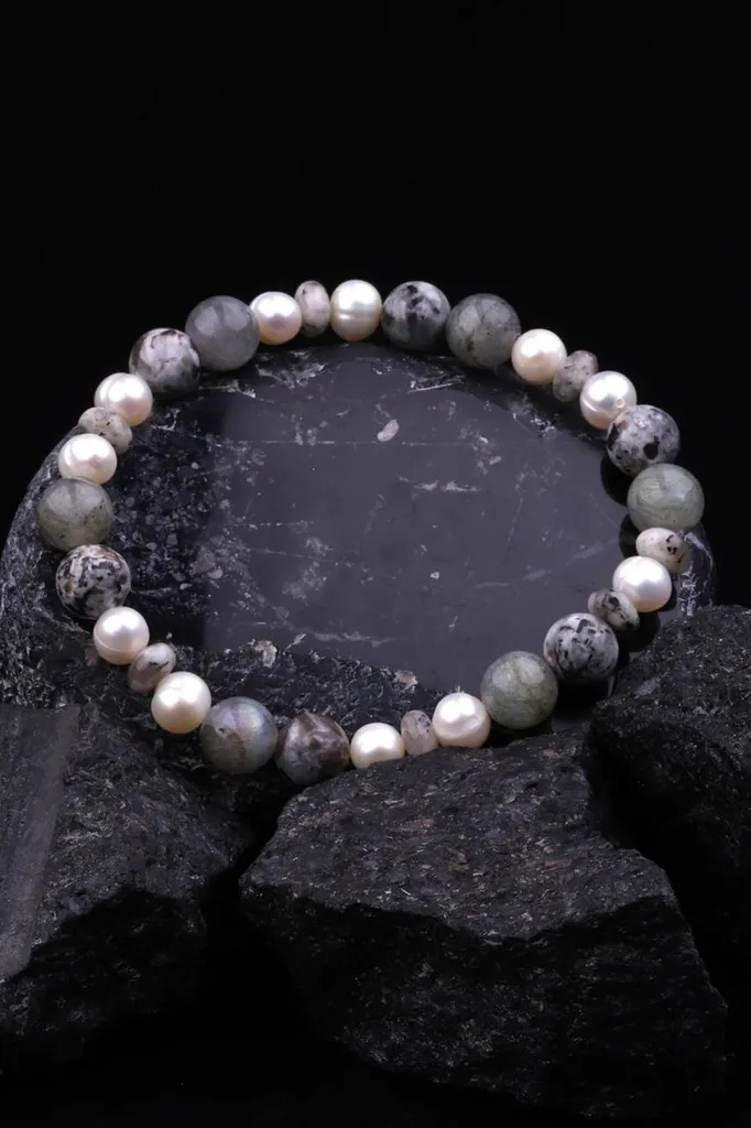 Bracelet Yooperlite fluorescente et Labradorite - Design perles 20 cm