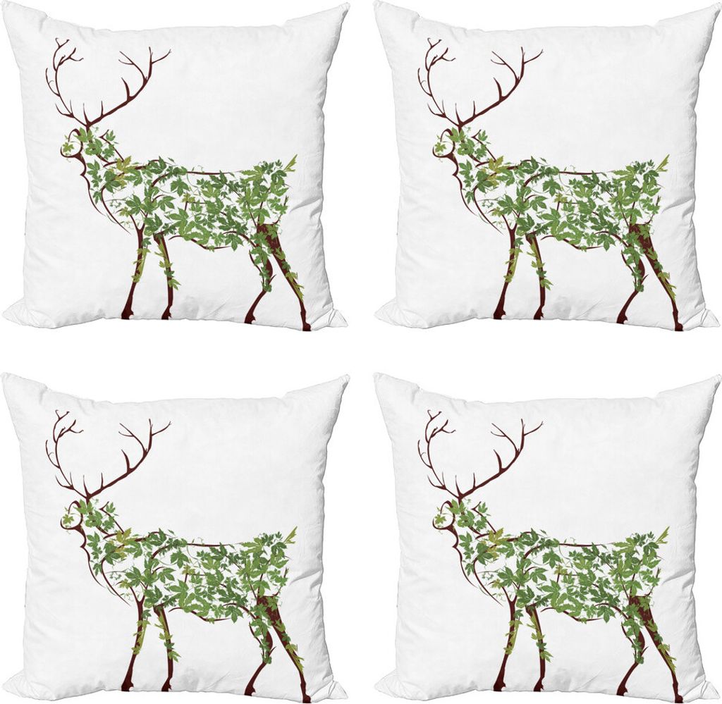 ABAKUHAUS Geweih Kissenbezug Set (4 Stück), Garten Deer Celebration, Moderner Doppelseitiger Digitaldruck, 50 cm x 50 cm, Grün Braun Weiß