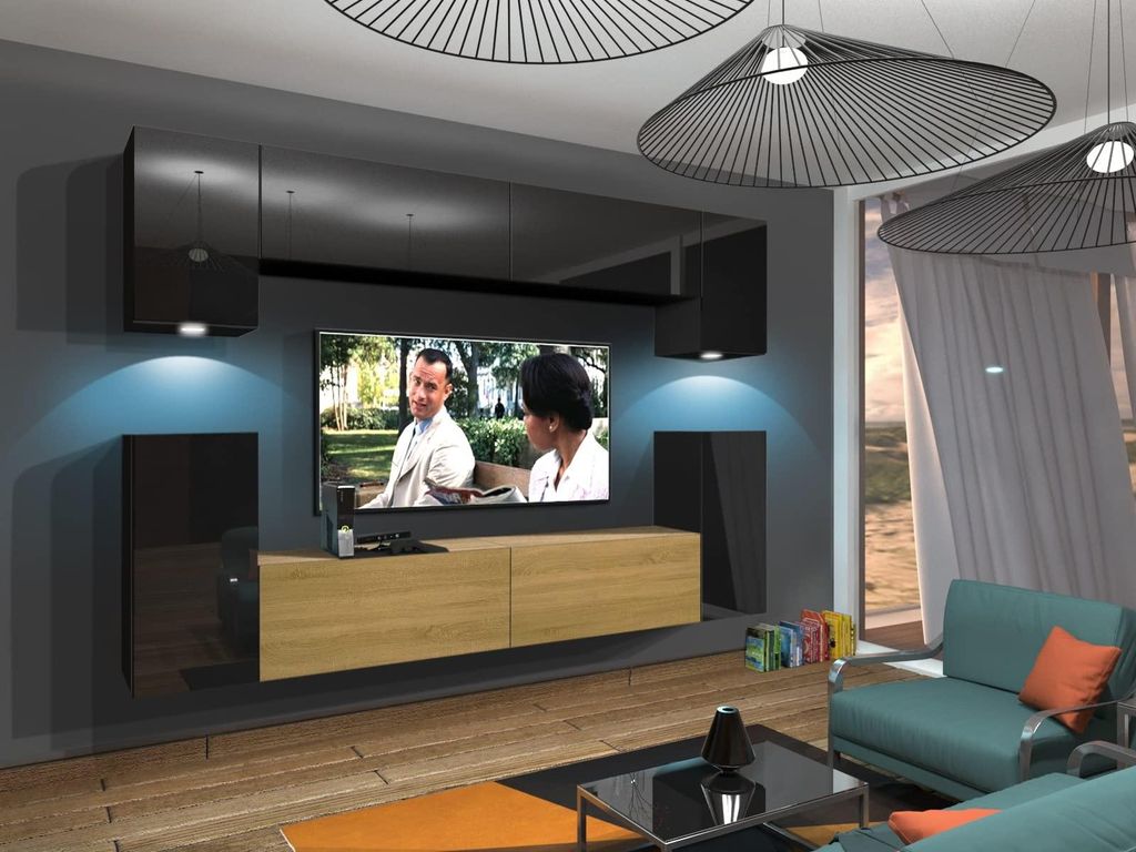 Furnitech Wohnwand Wohnzimmer - Hängend Wohnwand Modern - Wohnzimmer Schrankwand mit Regale und TV Schrank - Wohnzimmer Möbel ohne LED (Rodos AN4...