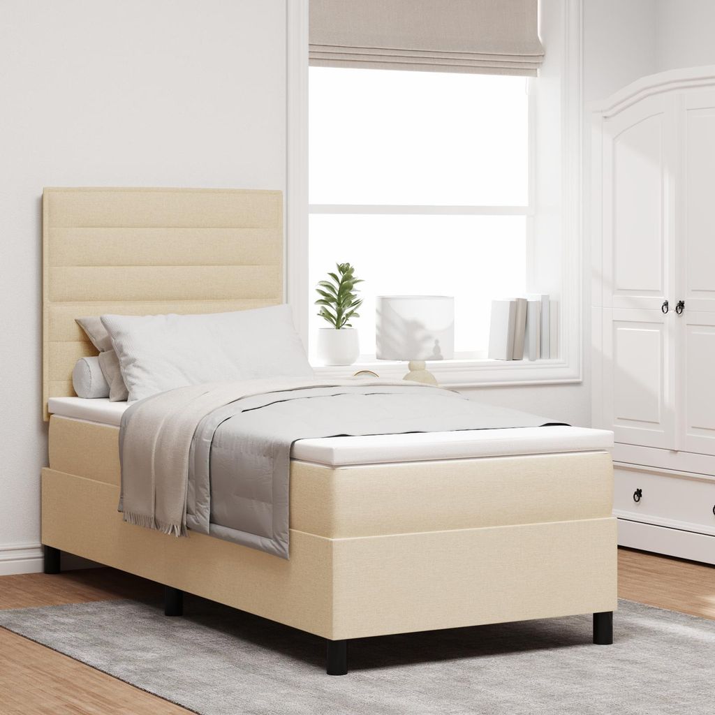 Möbel Polsterbett Boxspringbett mit Matratze und LED in Creme, 90 x 200 cm, Stoff - Bettrahmen - Klassische Betten Neu202520759