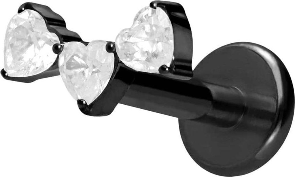 Ohrpiercing, Nasenpiercing Titan Labret mit Push Fit 3 KRISTALLHERZEN Schwarz Stablänge: 10mm | Stabstärke: 1,2mm