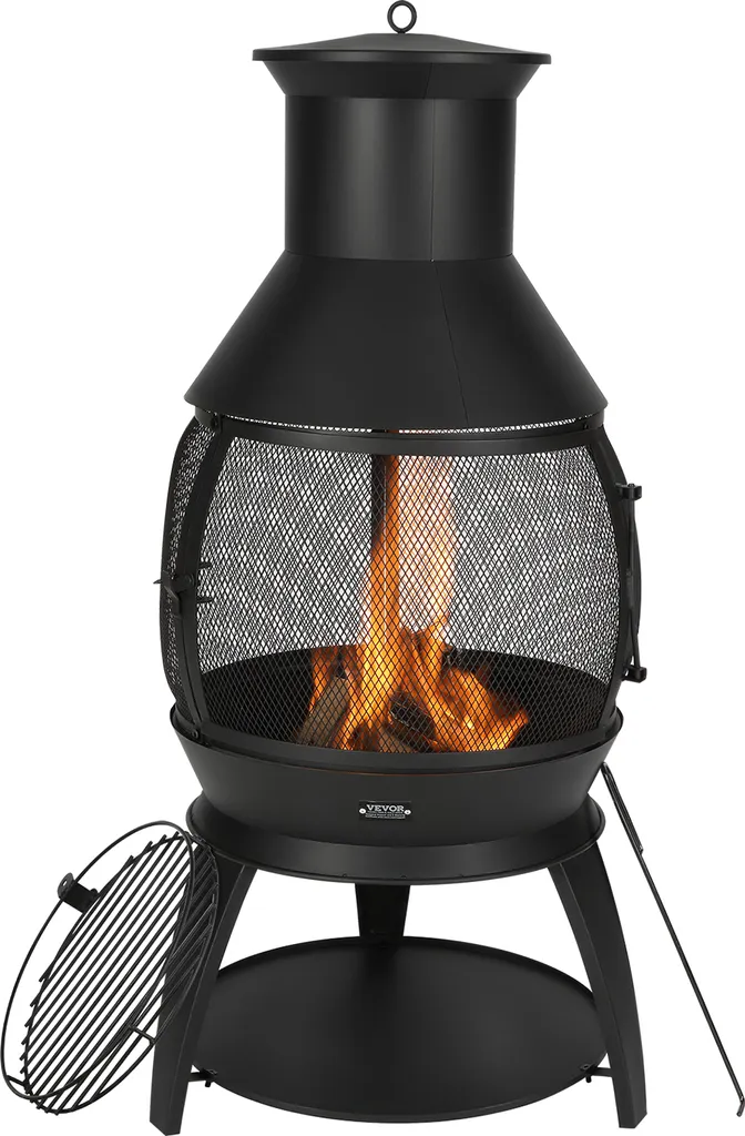 Cheminée de Jardin avec Gril en Fer et Chapeau de Cheminée Inox
