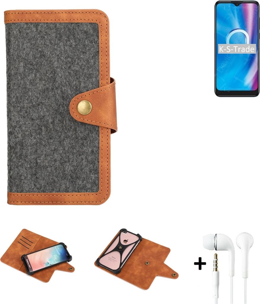 K-S-Trade Handyhülle + Kopfhörer kompatibel mit Alcatel 1V (2020) Schutzhülle Filzhülle Kunstleder dunkelgrau braun (1x)