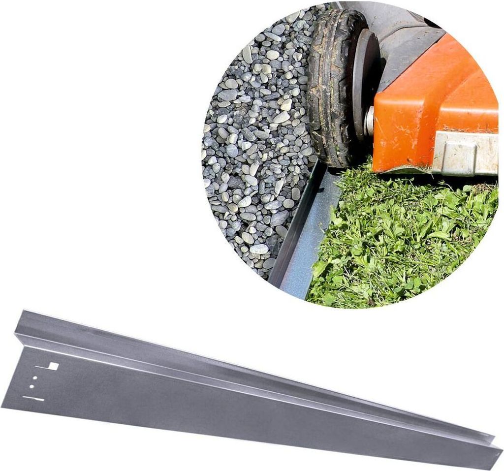 A close-up of a lawnmower wheel on grass and gravel, next to a metal lawn edge, and a separate image of the lawn edge.