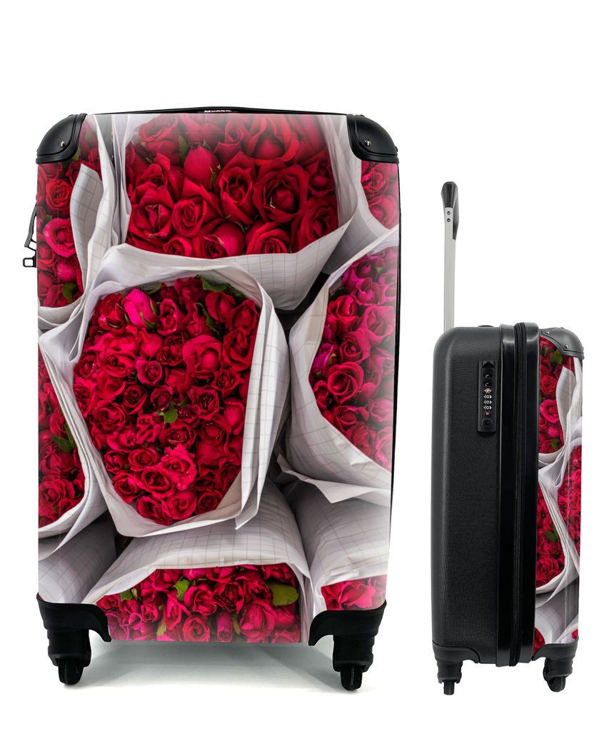 MuchoWow Koffer Handgepäck Trolley Rollkoffer Kleine Reisekoffer mit 4 Rollen - Rosen - Blumenstrauß - Rot - Cabin Size < 55x40x23 cm & 55x40x2...