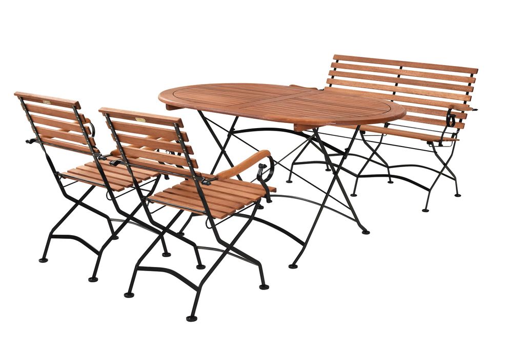 Merxx Gartenmöbel Set Schlossgarten 4tlg., 2 Klappstühle, 2-sitzige Klappbank, Klapptisch 140 x 90 cm - Flachstahl mit Eukalyptus