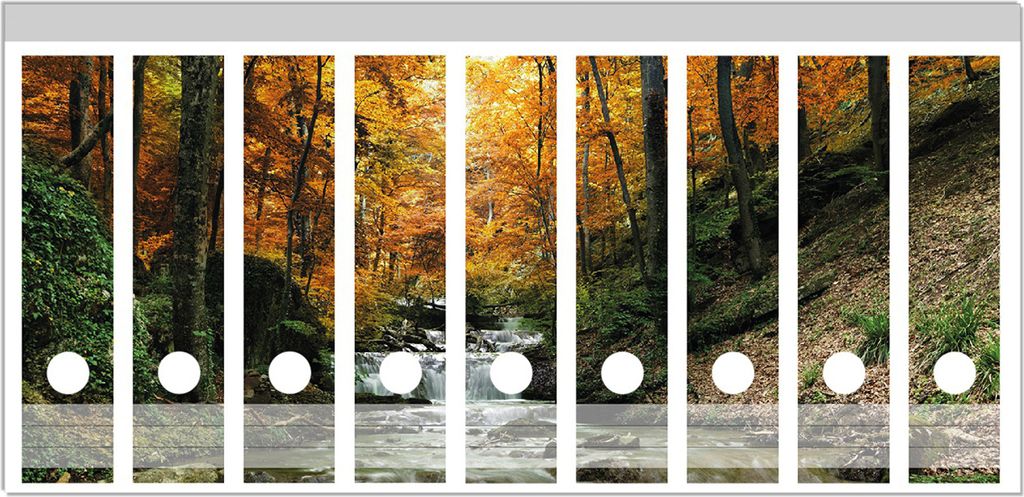 Wallario Ordnerrücken Sticker, selbstklebend für breite Ordner, 9 Stück, Motiv Kleiner Bach über Steine im Herbstwald