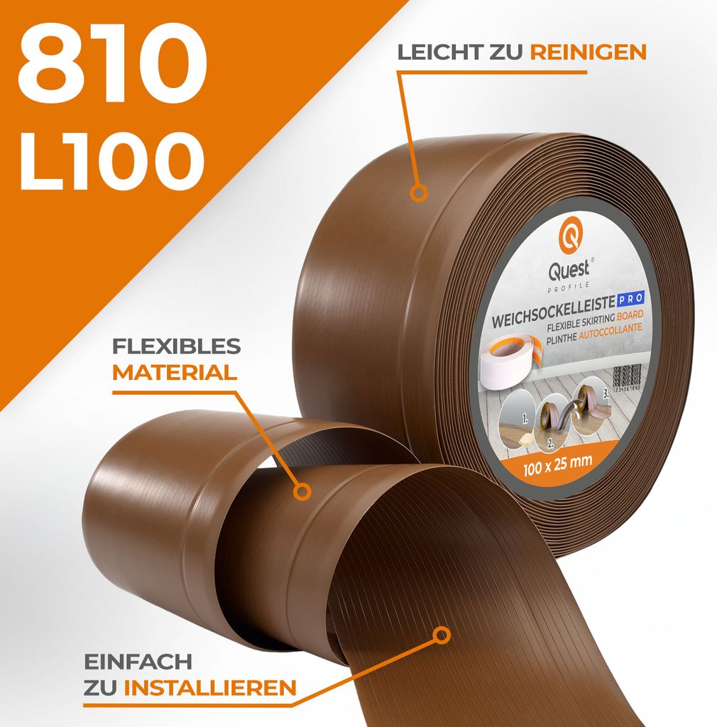 QUEST Weichsockelleiste ohne Klebeband 100x25mm, 1m, PVC Sockelleiste, Breite Knickleiste für Wände, Boden, Flexibel, Dekorativ, UV-beständig, b...