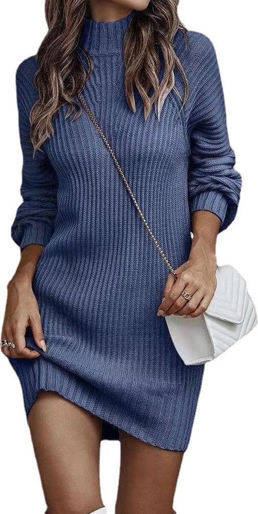 ASKSA Damen Strickkleid Rollkragen Pullikleid Elegant Pulloverkleid Freizeit Midikleid Tops, Blau, XL