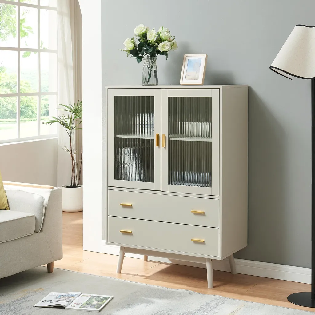 Vitrine Susa beige 120 cm avec portes vitrées et tiroirs de rangement