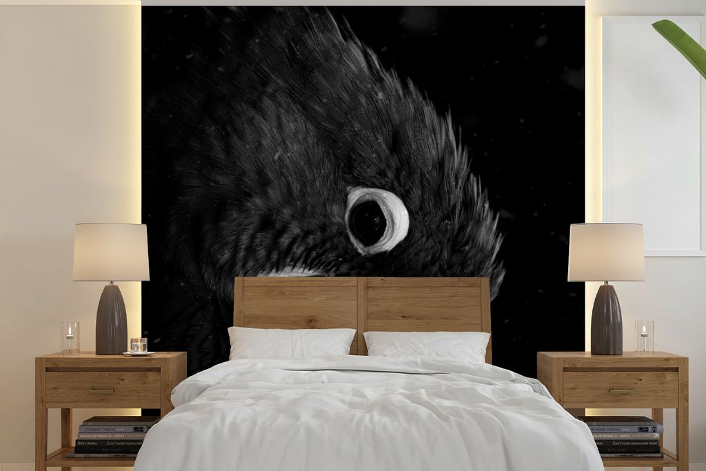 MuchoWow Fototapete für Wohnzimmer oder Schlafzimmer Wandtapete Vinyl Motivtapete Nahaufnahme eines goldenen Papageis auf schwarzem Hintergrund ...